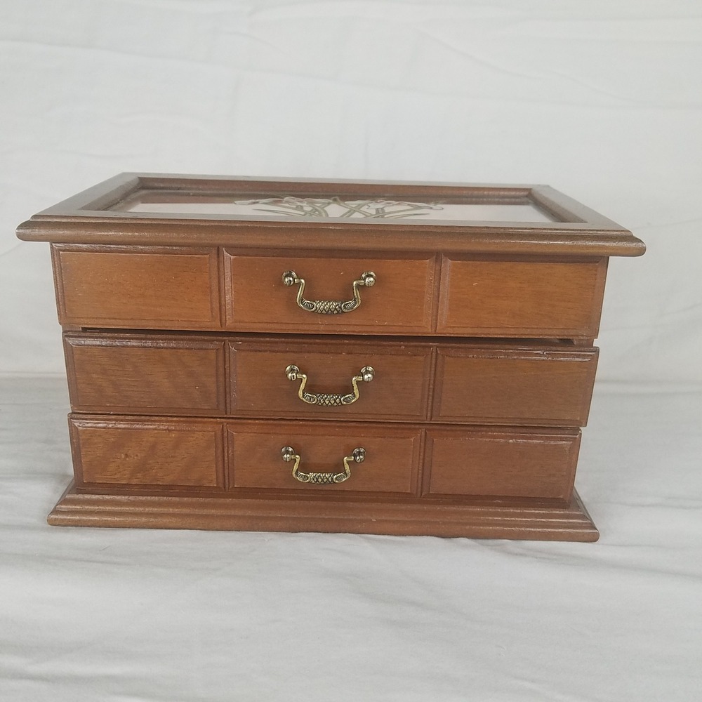 Vintage Wooden Jewelry Box Organizer Brown Excellent Floral Glass 2-drawers